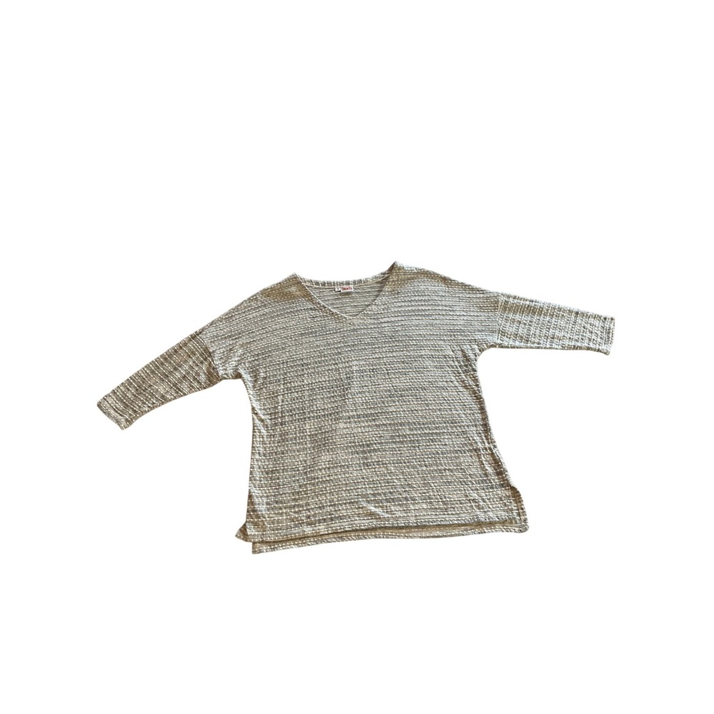 Tianello Blouse Women Small Gray Beige Textured V-Neck 3/4 Sleeve‎ Top